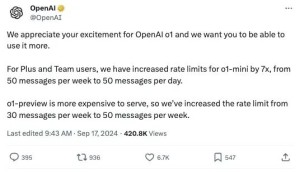 OpenAI 提高了 o1(50次/周)和 o1-mini(50次/天)的次数限制!